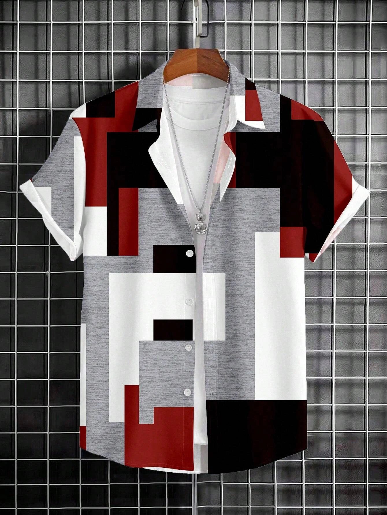 

3D Printed Geometry Men's Shirts Color Block Graphics Fashion Button Short Sleeve Lapel Hawaiian Blouse Shirts For Men Summer