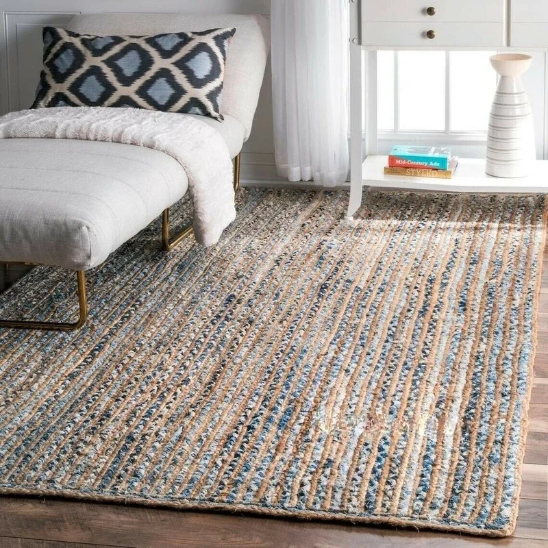 Rug Natural Denim Jute Braided Style Carpet Reversible Modern Rustic Look Rug