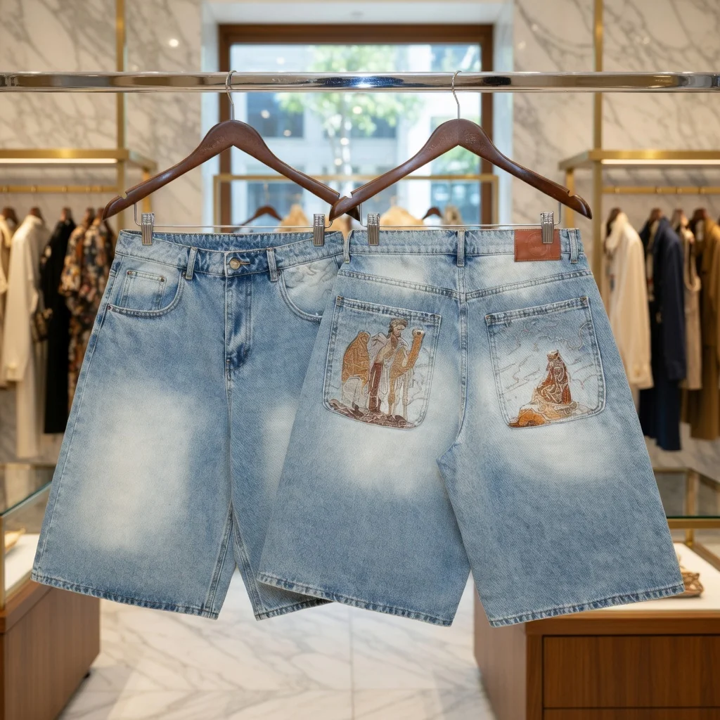 

DERSCHUTZE light blue denim shorts loose desert figure camel embroidery street style casual men DERSCHUTZE five quarter pants