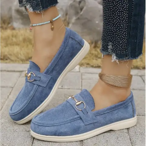 Shoes Women's Spring New Style British Lazy Person's One Step Flat Shoes Metal Buckle Comfortable Soft Driving Shoes Moccasins