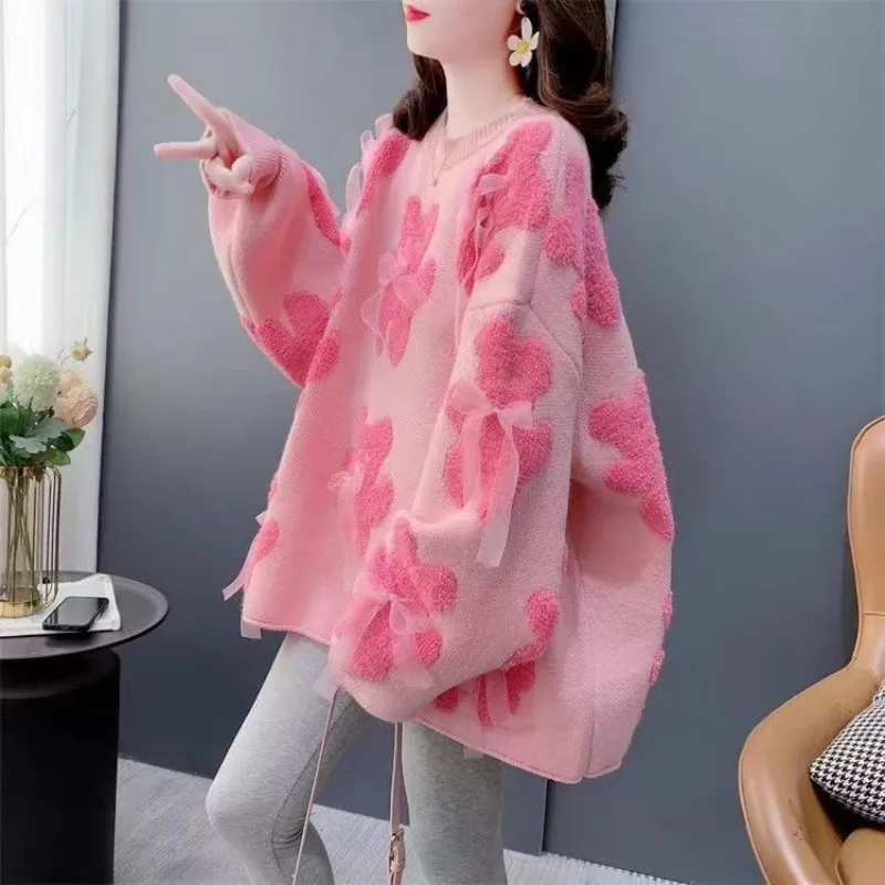 Women's Pullover Knitted Sweater Fashionable Loose Style Round Neck Top Autumn Winter New Korean Version Medium Long Sweater