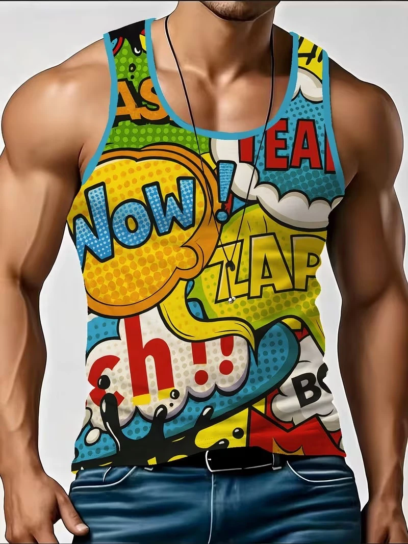Herren 90er Hip-Hop Graffiti Boombox Print ärmelloses Tanktop – Atmungsaktives Freizeit-Rundhals-Unterhemd für Retro-Street-Sommer-Mode
