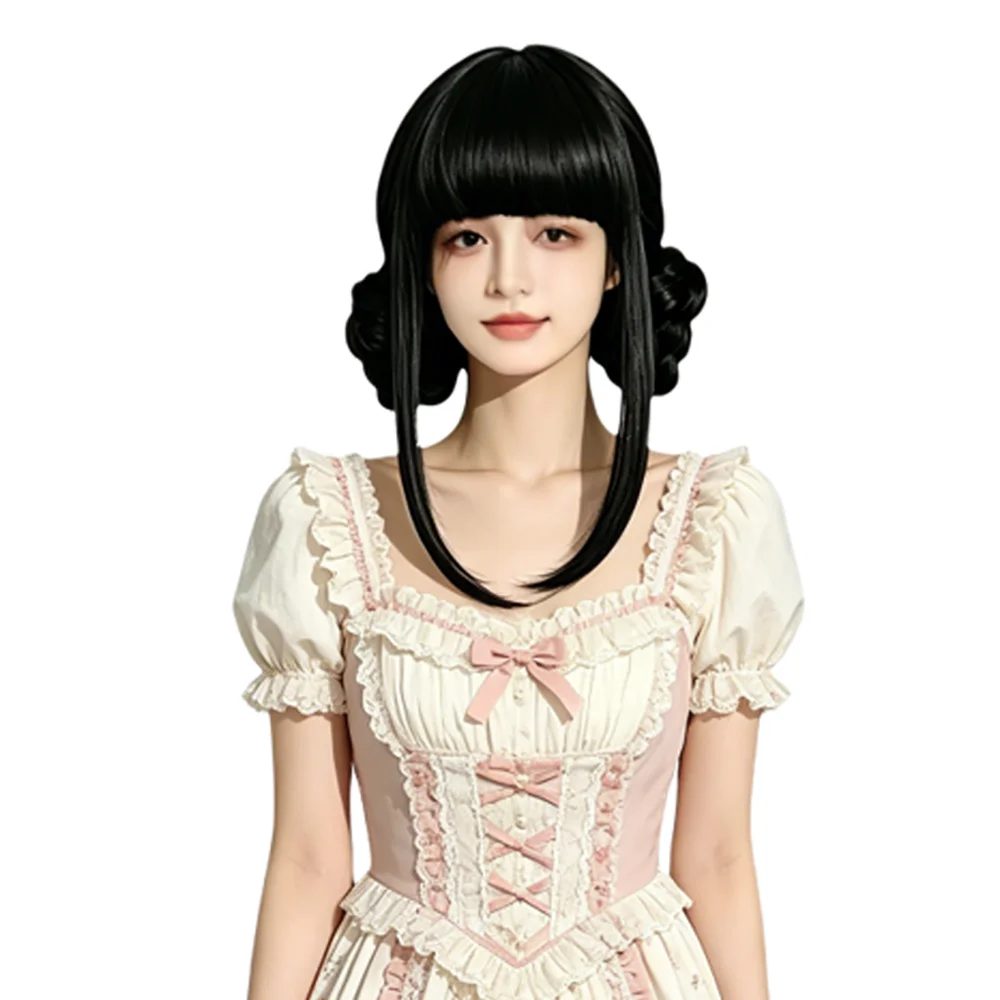 

Anime Cosplay Black/Dark purple Wig Double Bun Straight Bangs Heat Resistant Synthetic Wig For Women Comic Con Lolita Cosplay