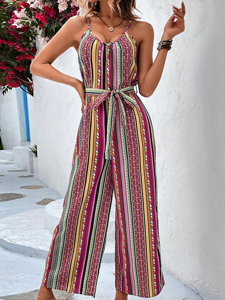 Negendelige Jumpsuit Bedrukte Streepband Met Wijde Pijpen 2023 Zomer Europa En Amerika Sexy Retro Bohemian Losse Casual Dameskleding