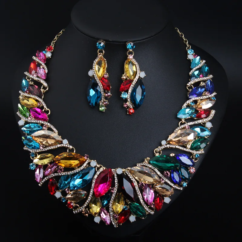 

Sangnuo Luxury Handmade Crystal Colorful Wedding Jewelry Set for Women Bridal Engagement Necklace Earrings Set N107