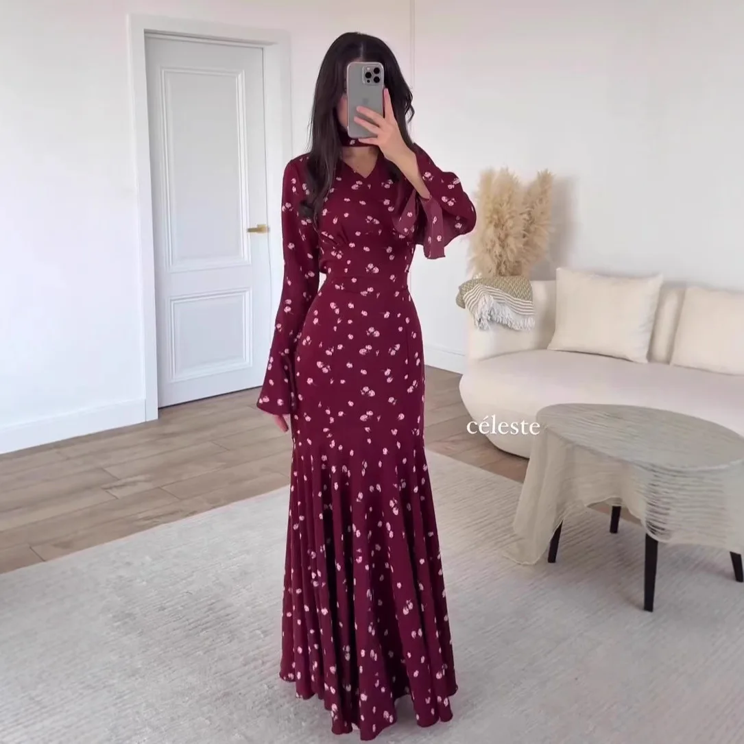 

2026 Autumn New Elegant Long-sleeved Long Dress With Floral Print For Women Robe Abaya Ramadan Dubai Luxury Islam Elegant
