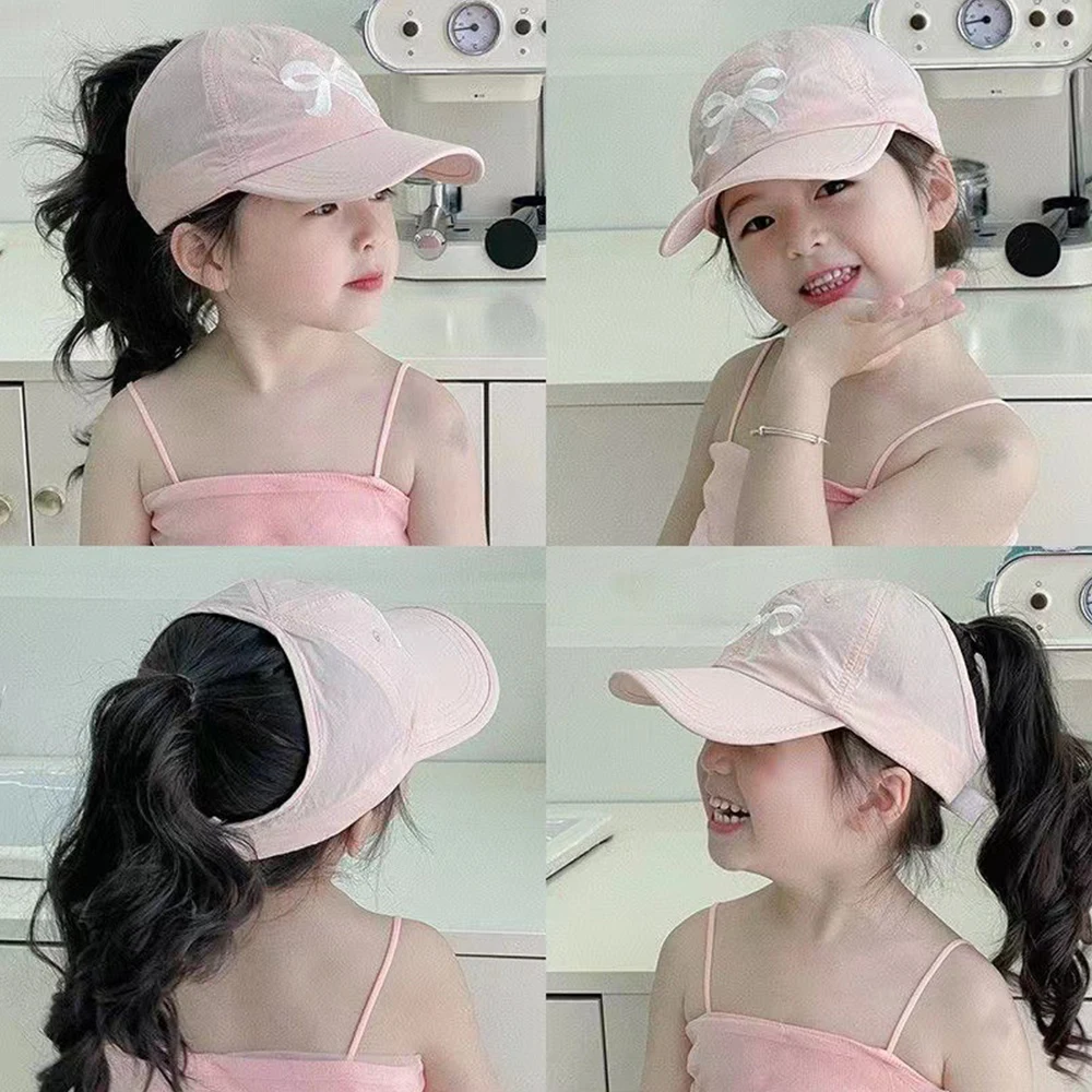 2024 NEW Girls Bow Embroidery Ponytail Baseball Cap Summer Sunscreen Caps Sweet Pink Sun Hat Children Sun Visor Hats Anti-UV Cap