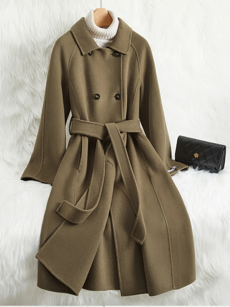 Miss Zhao[butterfly]Double sided cashmere coat for women, mid length, high-end double breasted, 2024 new woolen coat