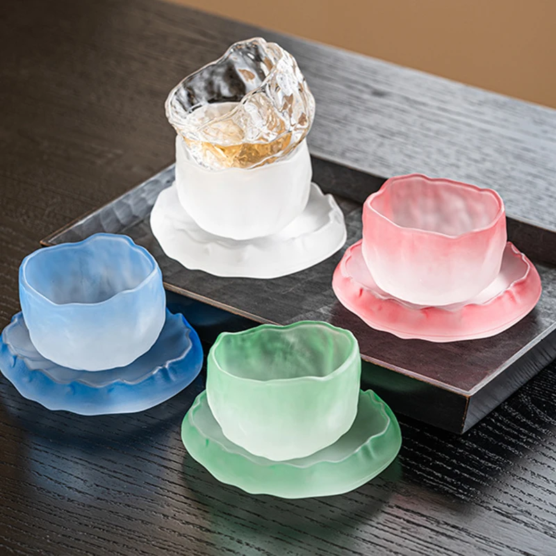 

Exquisite Glass Tea Cup Set Tasting Cup Pink Crystal Glazed Tea Cup With Coaster Juice Milk Lady Master Cups Kung Fu Tea Set