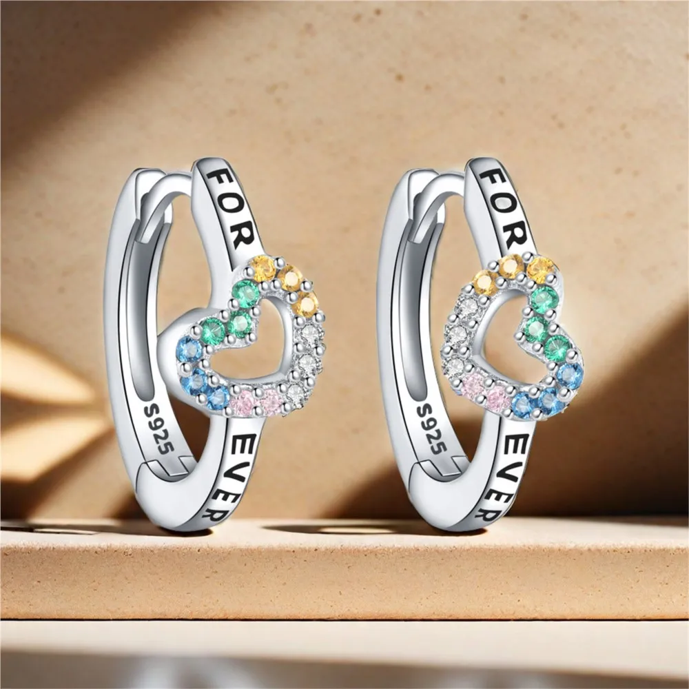 Hot 100% 925 Sterling Silver Colorful Zircon Love-Heart Shape Hoop Earrings For Women Fine Anniversary Jewelry Birthday Gifts image 2