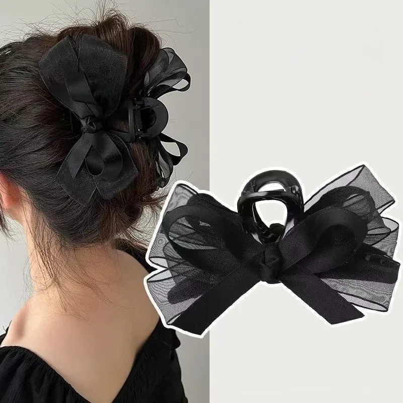 Schwarze Netz-Haarspange mit Schleife, Superfeine Dreidimensionale Große Haarklammer, Luxuriöser High-End-Look im Französischen Stil, Geflochtene Haarfrisur – Detail 2