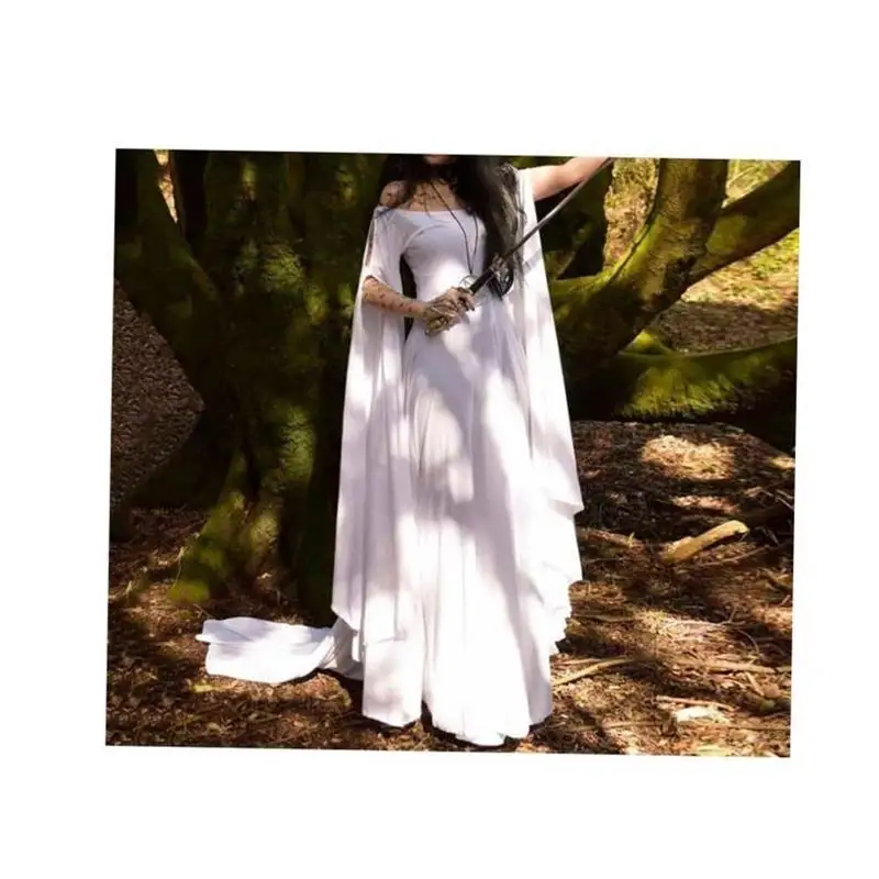 ชุดเดรสยาวทรงเอวสูงสไตล์วินเทจสำหรับผู้หญิง ผ้าโพลีเอสเตอร์ แขนยาว ทรงกลม แบบเรียบง่าย