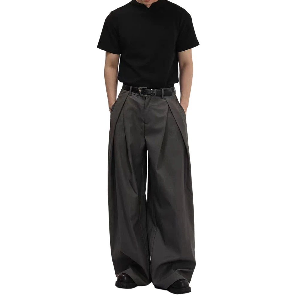 Men Retro Wrinkle Design Suit Pants Wide-Leg High Street Korean Trousers Pleated Baggy Formal Trousers Streetwear