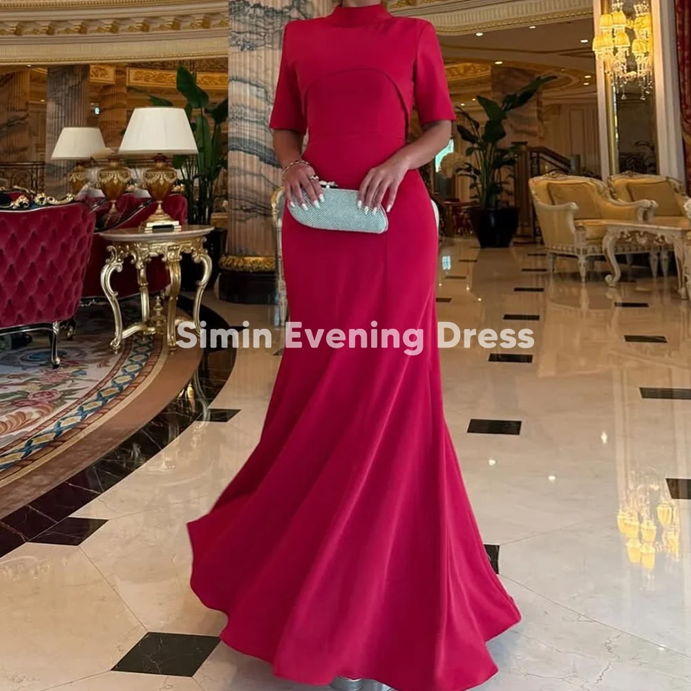 

Simin Women's Crepe High-Neck Mermaid Draped Floor-Length Saudi Evening Dresses With Half Sleeves Formal Elegant Dresses2025