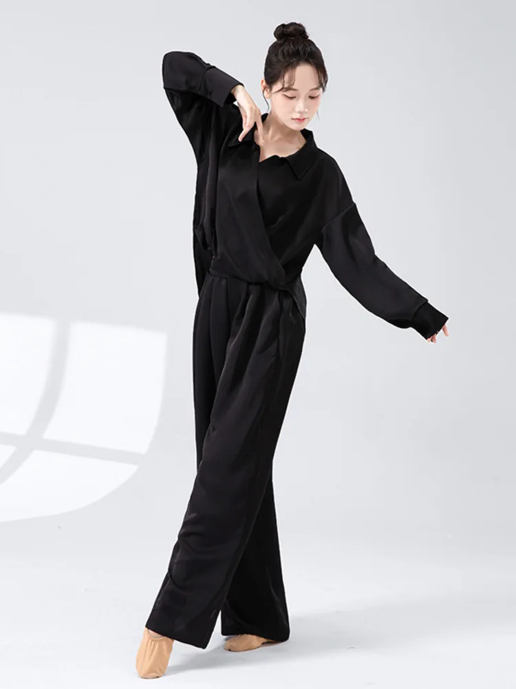 Top con risvolto vestibilità ampia in tinta unita e pantaloni a gamba larga a vita alta – Elegante abbigliamento da ballo per spettacoli, pratica e allenamento