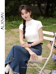 ALXNAN Women Simple Fitted White T Shirts Women Short Sleeve Summer Tops 2024 Buttons Half Turtleneck Basics Tees Clothes L33967