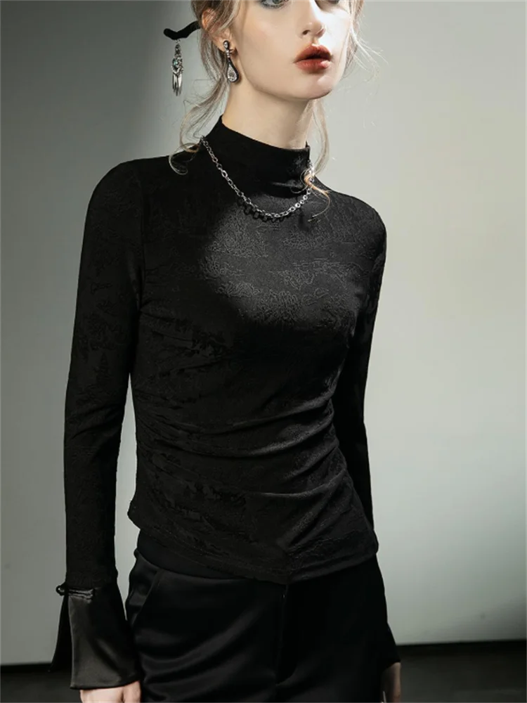 عالية الرقبة التي شيرت قاعدة بلايز السيدات تي شيرت أسود التقليدية الصينية طويلة الأكمام تي شيرت ملابس داخلية أعلى متوهج الأكمام كوع تي أنثى
