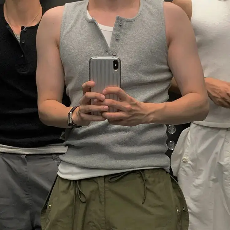 Simple Sleeveless T-Shirt  Men Summer Sports Fitness Vest Button-Up, Soft, Slim-Fit, Plain-Coloured Tank Top for Layering