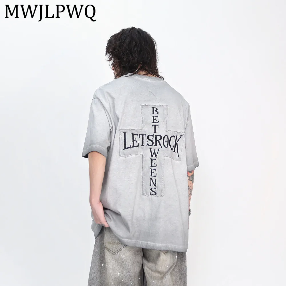 

Мужская футболка MWJLPWQ с вышивкой-аппликацией, в американском уличном стиле, с эффектом потертости, модная, оверсайз, с коротким рукавом, 14993