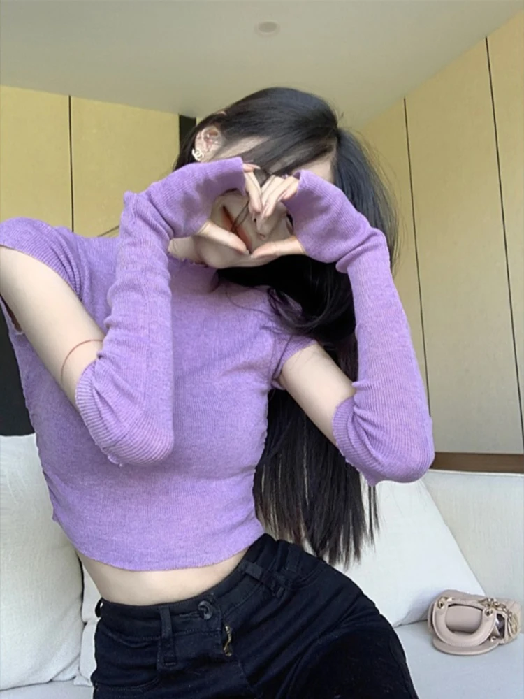 

Purple pure desire style semi high neck new short sleeved knitted shirt women's autumn slim fit short style with sleeve top