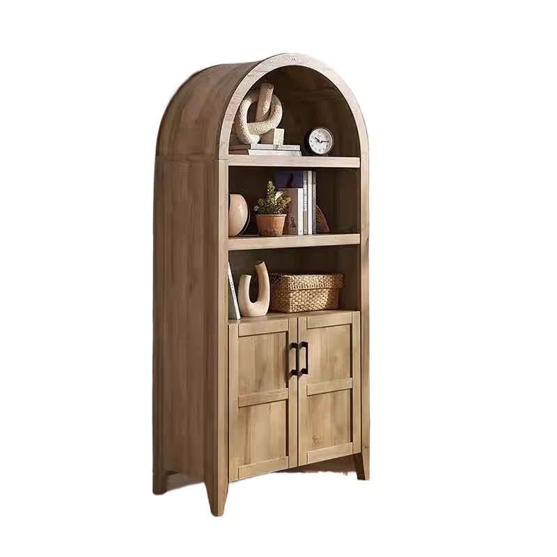 

American retro solid wood bookcase modern simple living room open locker French black arched storage locker