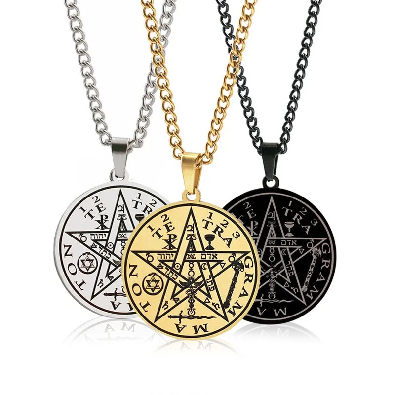 Round Stainless Steel Salomon Pentagram Pendant Charm Men's Necklace Hip Hop Punk Accessories Jewelry Gift Dropship