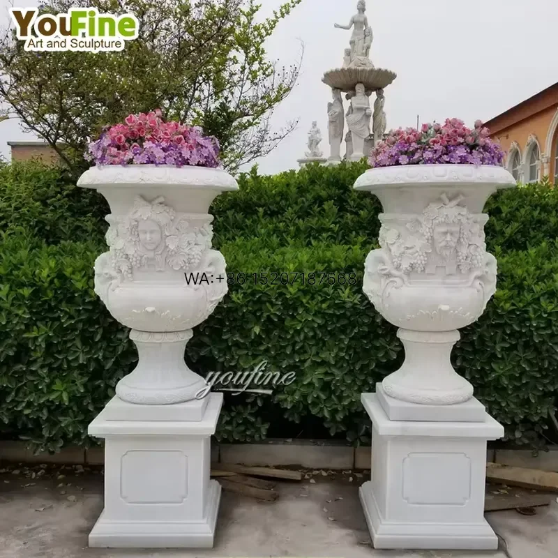 Wmwmnu Custom Size Hand Carved Natural Stone Marble Garden Flowerpot Planter for Sale