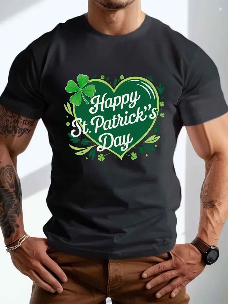 Men'S Happy St. Patrick'S Day T-Shirt Crew Neck Geometric Casual Summer Knit Fabric Tee Fit, Slight Stretch, Plus Size Options