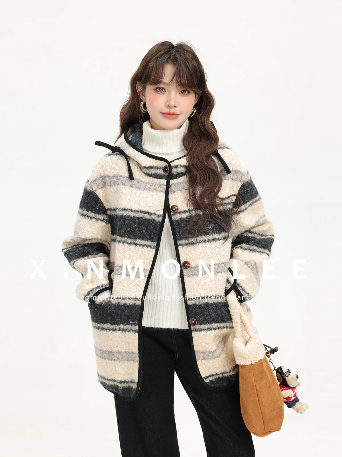 Xinmon Premium Korean Style Retro Color Block Striped Hooded Lamb Fur Jacket Autumn Winter New Arrival mid Length Coat