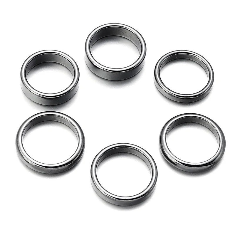 6pcs Unadjustable Black Hematite Rings For Women Men Party Club Smooth Simple Flat Wide Finger Ring Natural Stone 16mm-21mm
