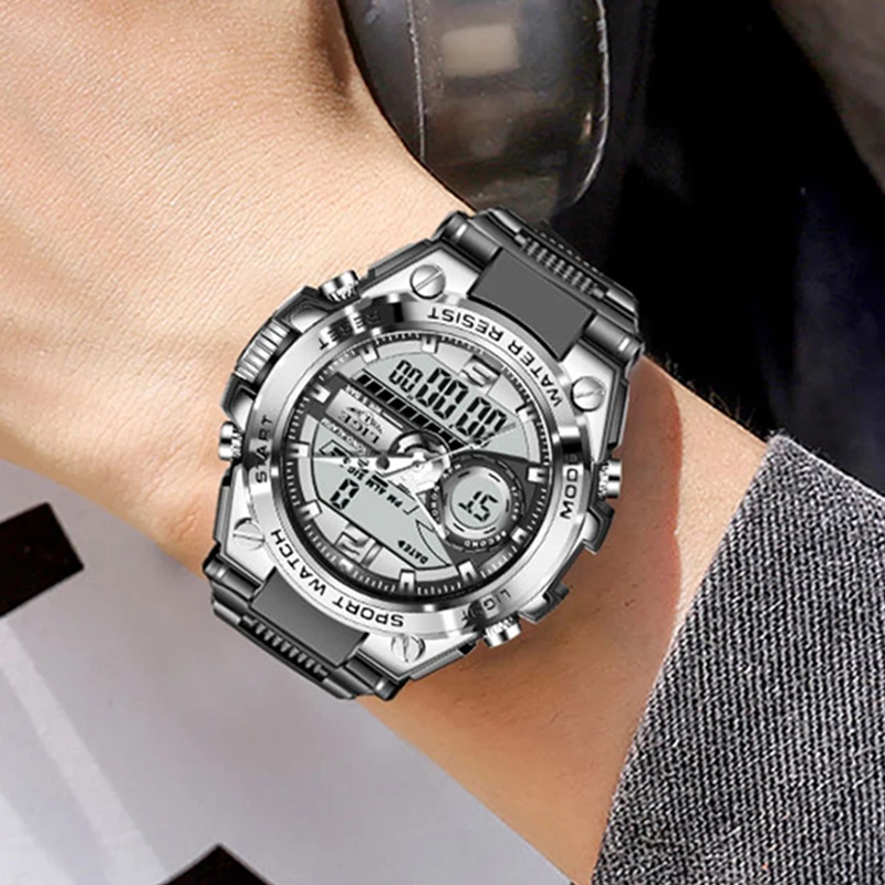 FOXBOX Men Fashion Sports Watch Luxury Dual Display Quartz WristWatch For Men Luminous 50M Waterproof Military Relogio Masculino