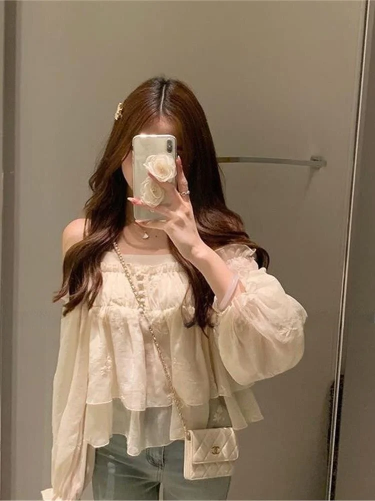 New Chinese Style Short Embroidered Lantern Sleeve Shirt with Strap Bridesmaid Blouse Long Sleeve Shoulder Bared Chiffon Top