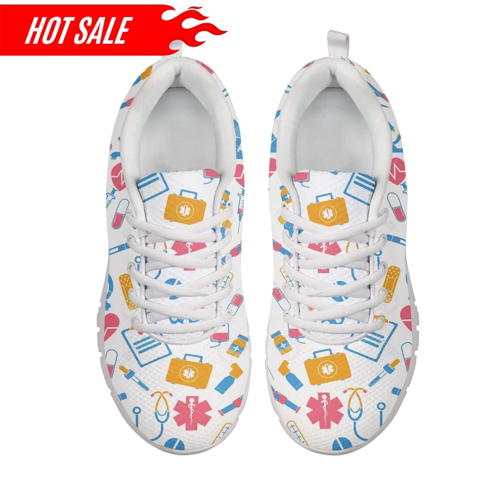 Nurse Flat Shoes Cute Cartoon Medical Pattern Women Nursing Shoes Female Casual Running Sneakers Light Mesh Footwear