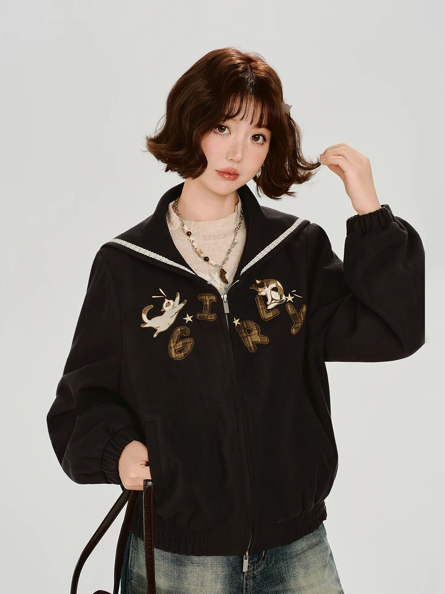 

Girly American Retro Embroidered Navy Collar Jaet Women's Autumn Winter Loose Fit Double Zipper Casual Sle Top