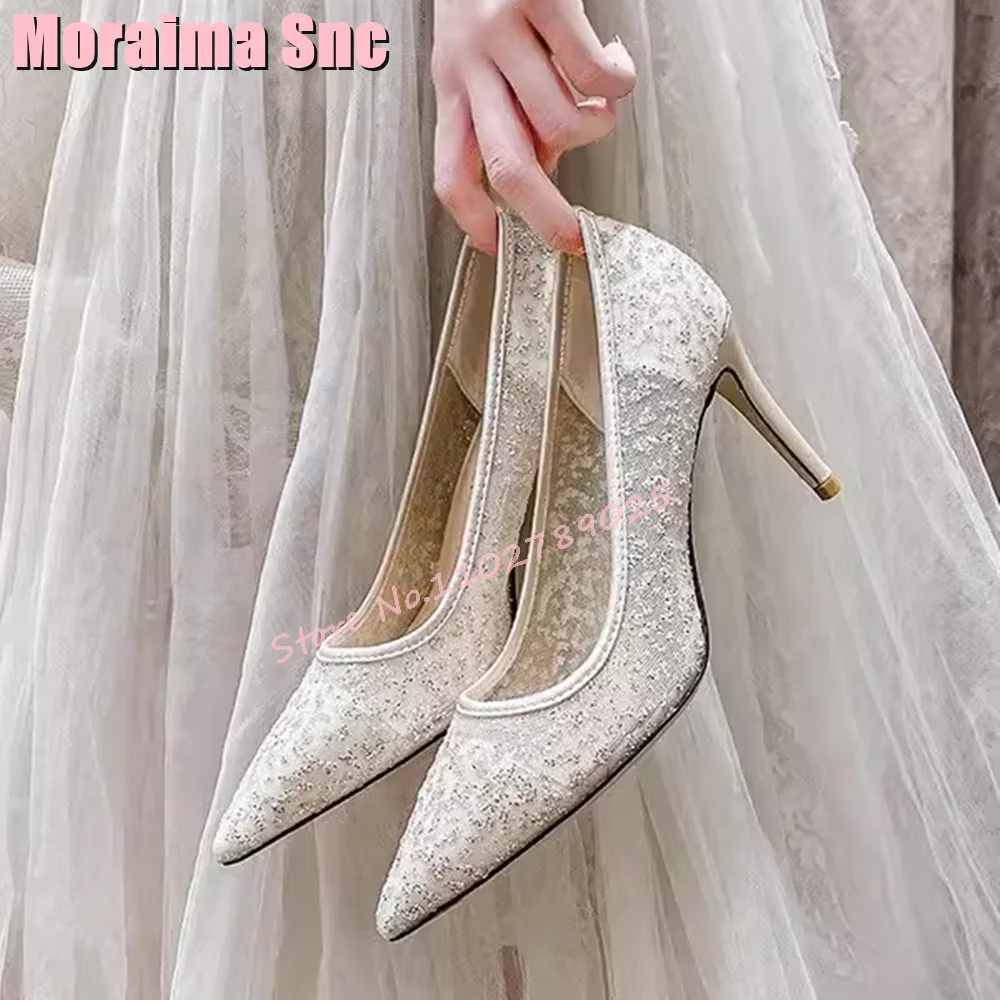 Bling Mesh Pointed Toe Shallow Pumps Sequined Stiletto High Heel Slip On Sexy Concise Women\'s Wedding Shoes White Solid 2024 New