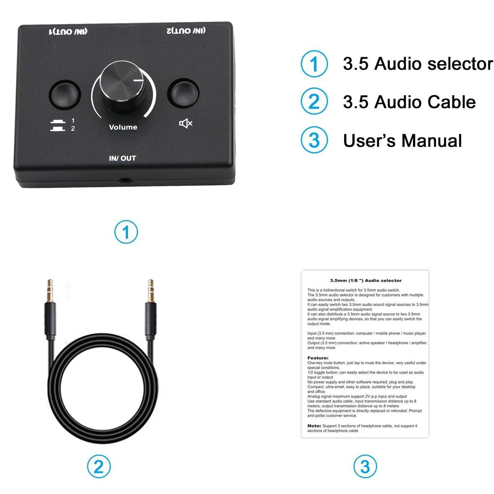 2-в-1 выход/1в-2 выход 3,5 мм Plug & Play 2-полосный двунаправленный аудиопереключатель стереоусилитель
