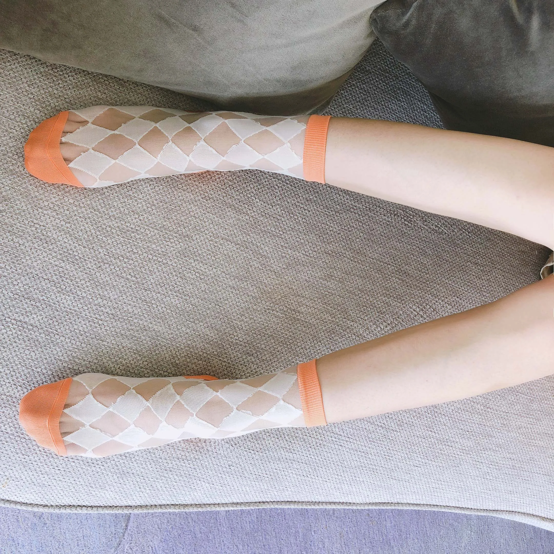 Women Socks Breathable Glass Spring Summer Fashion Cute Japanese Style Diamond Hit Color Internet Socks Ins Sexy Silk Check Grid