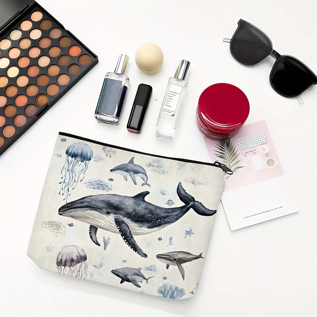 1pc Cosmetic Bag with Ocean Animals Print, Portable Shark & Whale Makeup Pouch, Marine Life Theme Toiletry Organizer for Women 3
