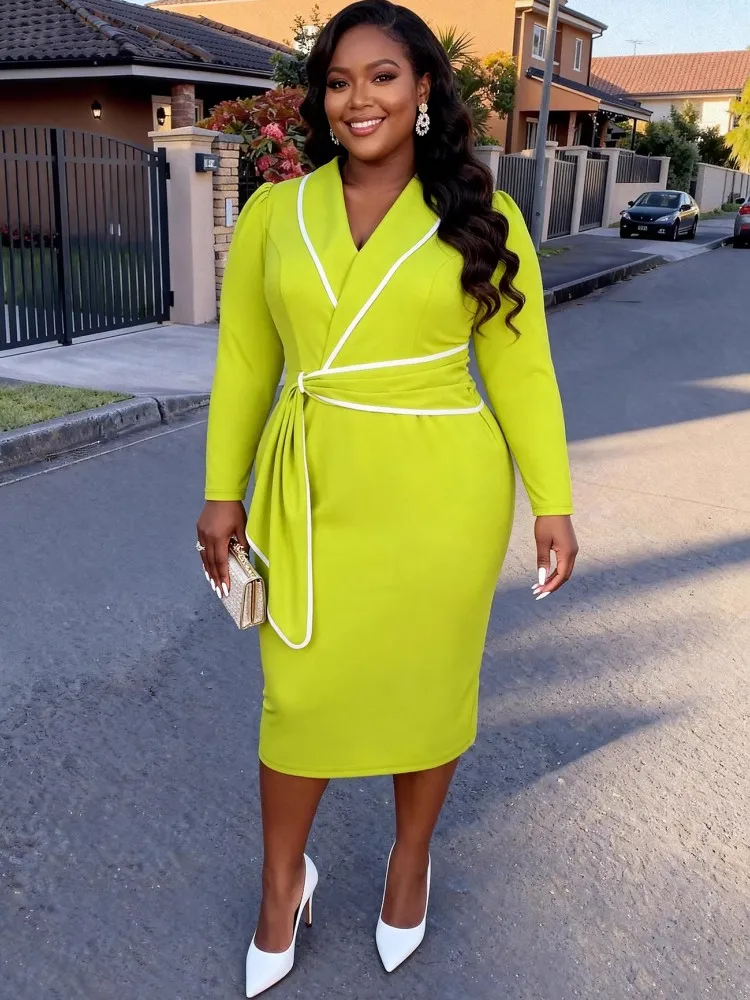 

L-4XL Plus Size Elegant Midi Dress 2026 Spring Summer Women Office Lady Dress Casual Long Sleeve Bandage Robe Oversize Dress