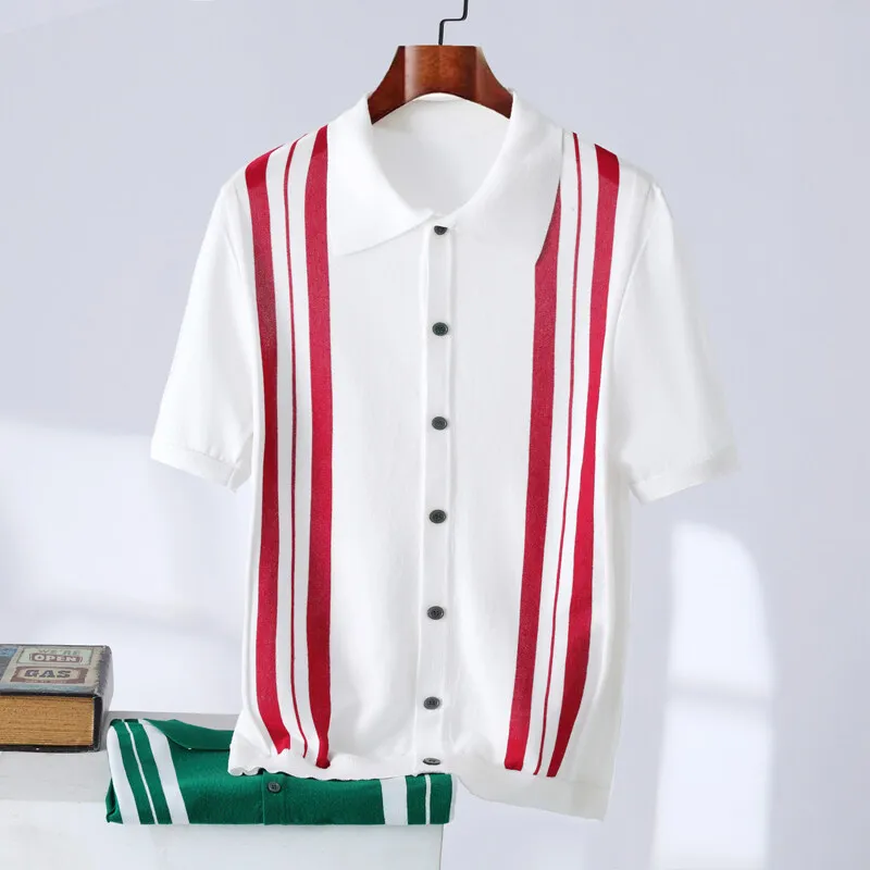British Style Stripe Stitching Knitted Cardigan Polo Shirts Men Summer Short Sleeve Slim Casual Business Lapel T-shirt POLO Tees