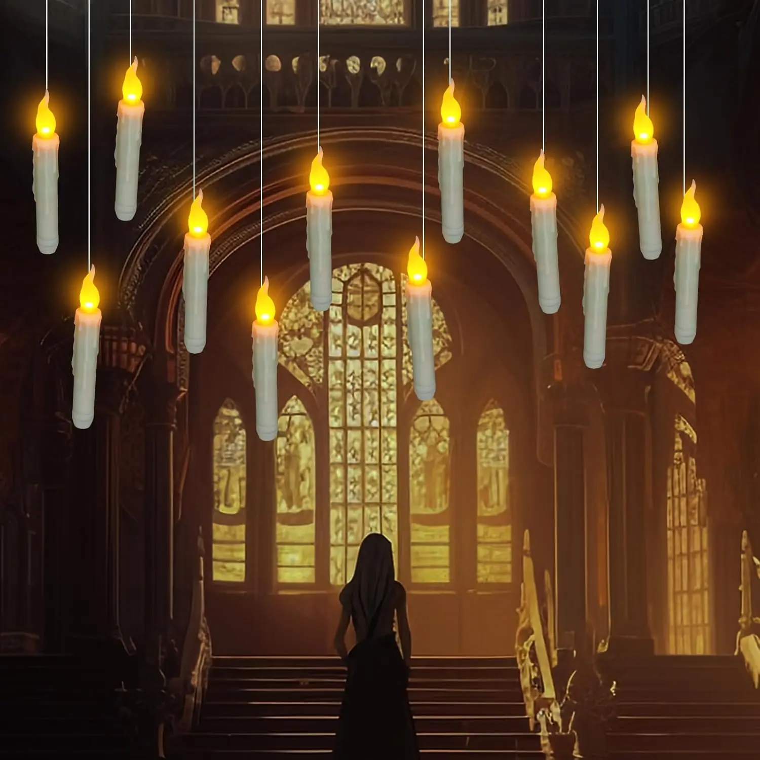 12Pcs Hanging Floating Candles with Magic Wand Remote Flameless Battery Operated Warm Light Halloween Christmas Birthday Decor