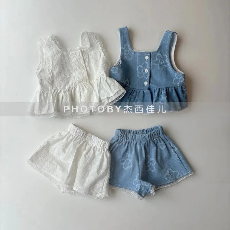Girls' Solid Color Set Summer New Children's Sets Lightweight Comfortable Sleeveless Cowboy Shorts Two Piece Set