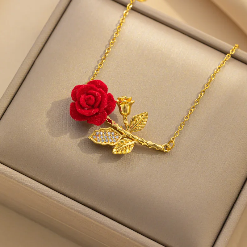 Romantic Red Rose Titanium Steel Necklace Female Temperament Zirconia Flower Pendant Collarbone Chain