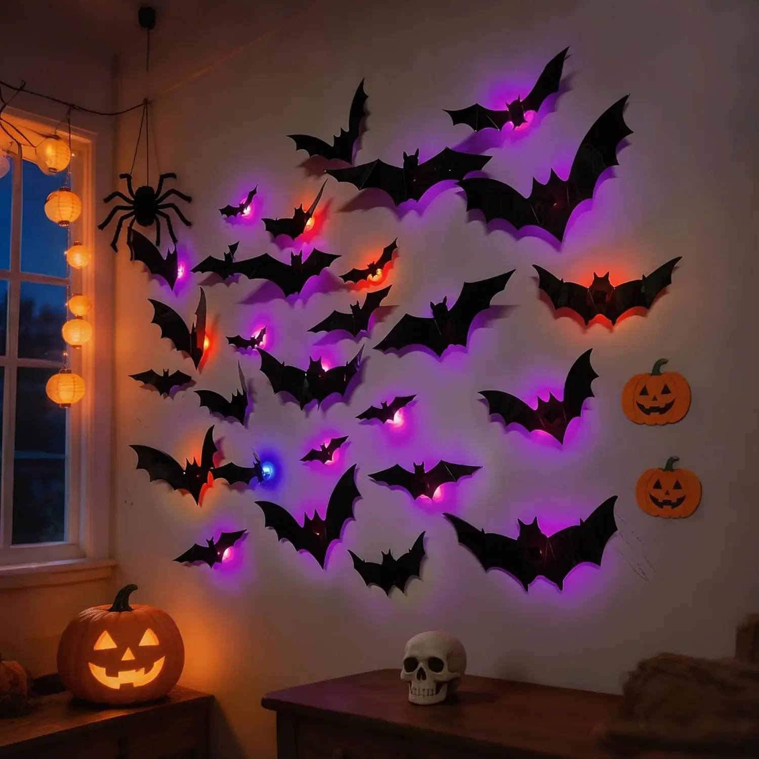 1-4 Sets Halloween-Wandaufkleber mit LED-Beleuchtung, leuchtende Fledermäuse und Spinnen, gruselige Partydekorationen für Spukhäuser, Aufkleber für Innenräume – Detail 2