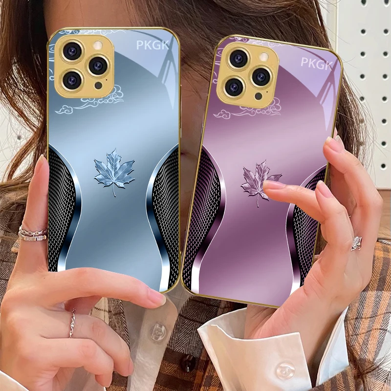 

Gradient maple leaf For IPhone 16 16Pro Max 15 P ro 14 13 Plus 12 Mini 11Pro Max XS Max XR Golden tempered glass phone case