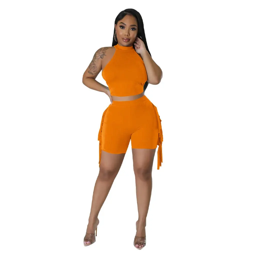 

Женский однотонный повседневный комплект из двух предметов с круглым вырезом и кисточками K10432, модный европейско-американский стиль, оптовая продажа с фабрики