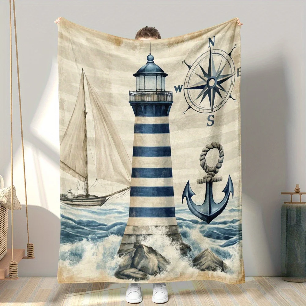 Nautical Lighthouse Ocean Throw Blanket Coastal Decor Maritime Anchor Beach Throw 150x200cm Vintage Sailor Gift