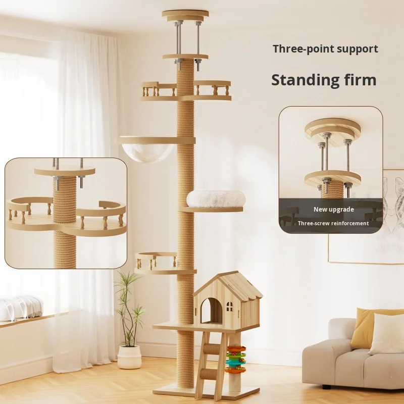 

Manufacturer Wholesale Pet Wooden Sisal Scratcher Cat Climbing Tree with Ceiling Scratching Post Cat House Tower Tree