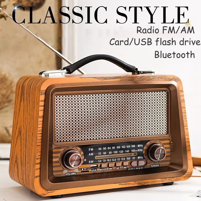 Wooden Retro Three Section FM Radio Wireless Bluetooth Speaker Subwoofer Compatible With HIFI Stereo USB TF AUX Classic Style