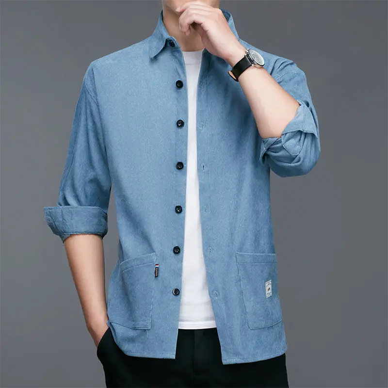 Stylish Solid Color Lapel Button Spliced Pockets Shirt Men\'s Clothing 2022 Autumn New Oversized Casual Tops Loose Korean Shirts